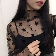 Load image into Gallery viewer, KAGUSTER Women Embroidery Long Sleeve Turtleneck Mesh Top