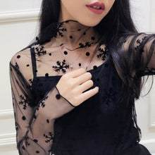 Load image into Gallery viewer, KAGUSTER Women Embroidery Long Sleeve Turtleneck Mesh Top