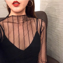 Load image into Gallery viewer, KAGUSTER Women Embroidery Long Sleeve Turtleneck Mesh Top