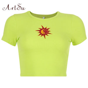 ARTSU Women Candy Color Cute Print Crop Top