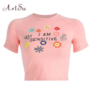 ARTSU Women Candy Color Cute Print Crop Top