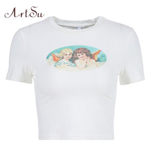 ARTSU Women Candy Color Cute Print Crop Top