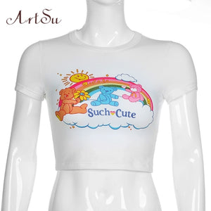 ARTSU Women Candy Color Cute Print Crop Top