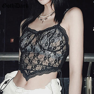 GOTH DARK Women Gothic And Black Mesh Bandage Floral Lace Crop Top