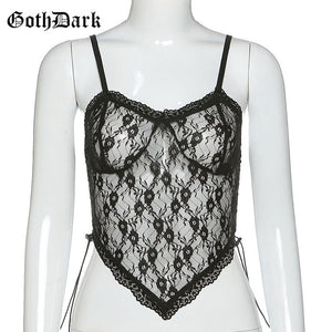 GOTH DARK Women Gothic And Black Mesh Bandage Floral Lace Crop Top