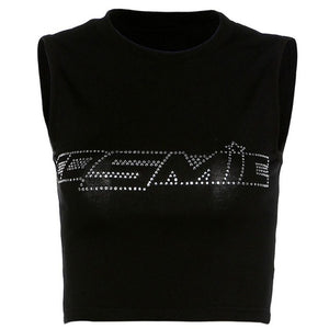 KLV Women Silver Drill Rhinestone Cosmic Letters Top