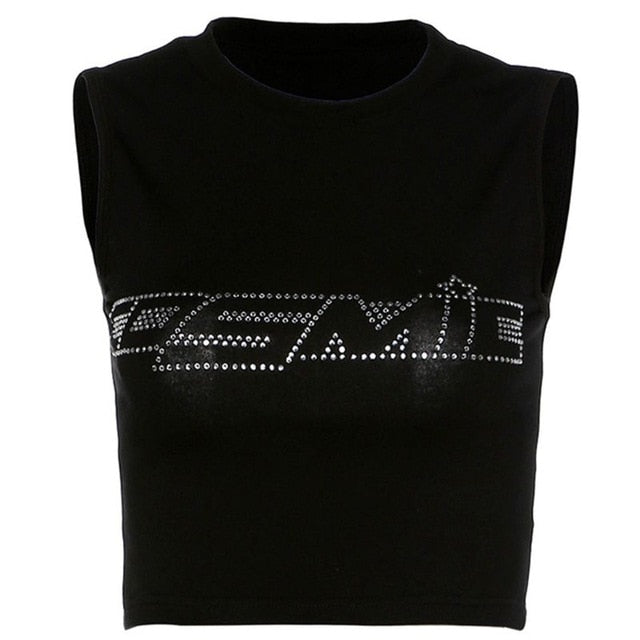 KLV Women Silver Drill Rhinestone Cosmic Letters Top