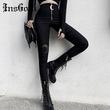 Load image into Gallery viewer, INSGOTH Women Black Pencil High Waist Moon Zipper Pants