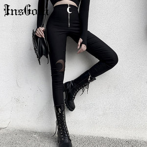 INSGOTH Women Black Pencil High Waist Moon Zipper Pants