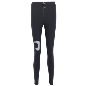 INSGOTH Women Black Pencil High Waist Moon Zipper Pants