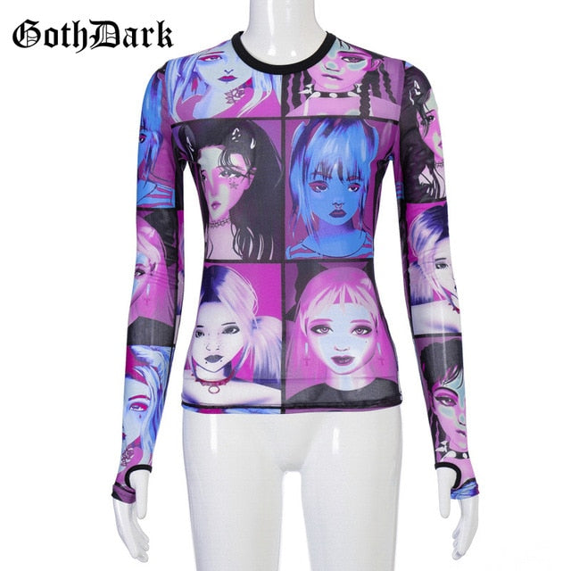 GOTH DARK Women O-Neck Mesh Print Top