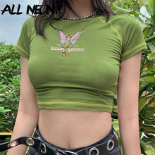 Load image into Gallery viewer, ALLNEON Butterfly Graphic and Letter Printing Stitch Crop Top