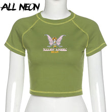 Load image into Gallery viewer, ALLNEON Butterfly Graphic and Letter Printing Stitch Crop Top