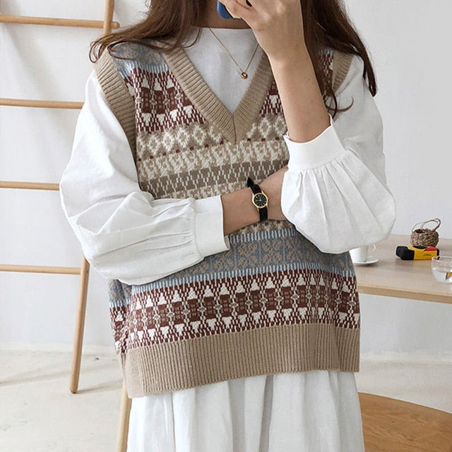 BONNTEE Women Knitted Patchwork Pullover