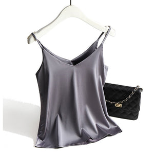 AOSSVIAO Spaghetti Strap V Neck Basic Silk Tank Top