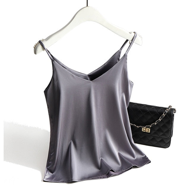 AOSSVIAO Spaghetti Strap V Neck Basic Silk Tank Top