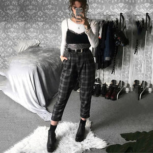 UMEKO Women Plaid High Waist Trousers