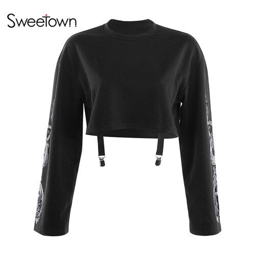 SWEETOWN Women Crop Dragon Print Long Sleeve Top