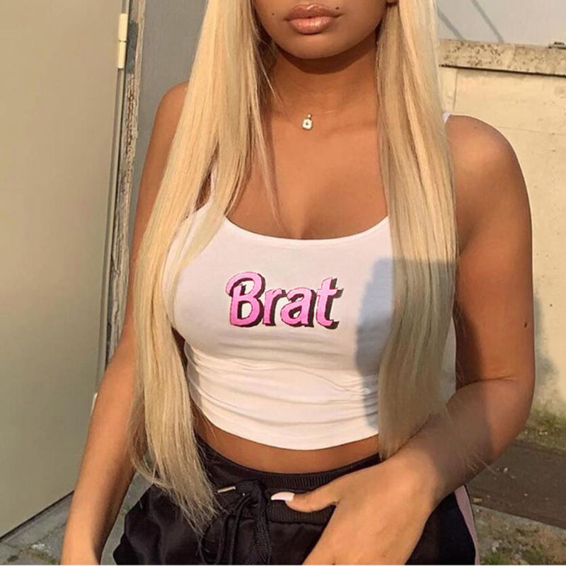 KLV Women Sleeveless Brat Letters Print Spaghetti Strap Crop Top