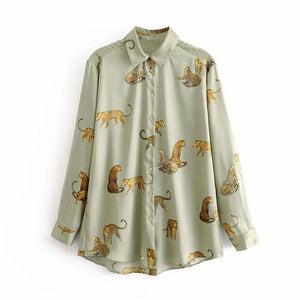 AACHOAE Women Leopard Print Turn Down Collar Shirt
