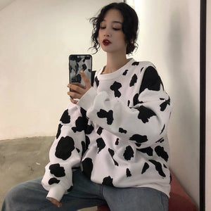 LATIMEELON Women Long Sleeve Cow Milk Printed Swetshirt