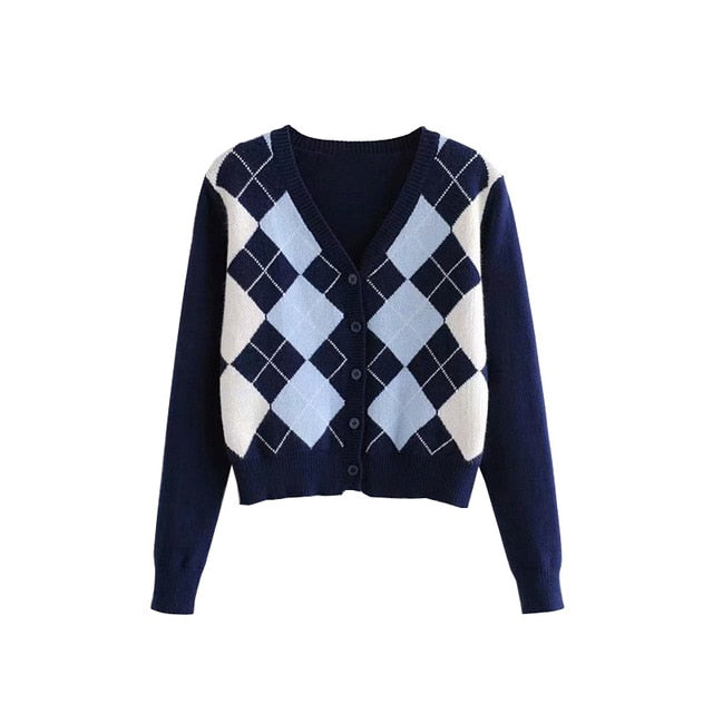 TRAF Women Vintage Stylish Geometric Pattern Short Knitted Sweater