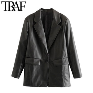 TRAF Women PU Faux Leather Loose Blazer Jacket