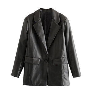 TRAF Women PU Faux Leather Loose Blazer Jacket