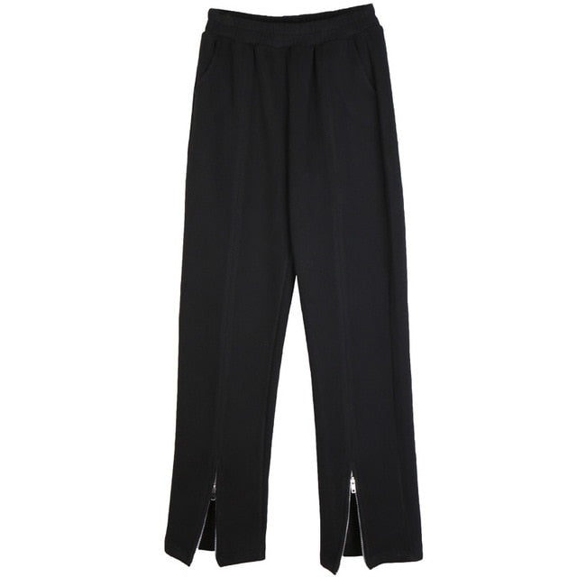 [EAM] High Elastic Waist Zipper Long Leg Trousers