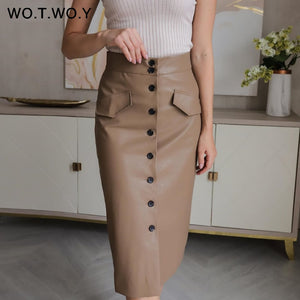 WOTWOY High Waist Leather Mid-Calf Skirt