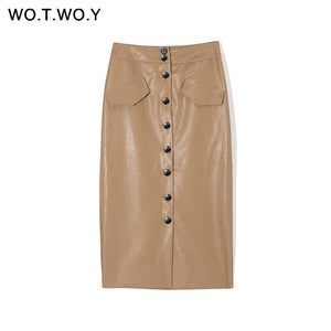 WOTWOY High Waist Leather Mid-Calf Skirt