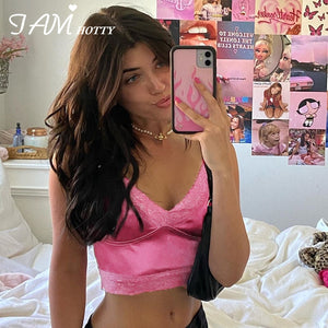 IAMHOTTY Women 90s Aesthetic Patchwork Lace Crop Top