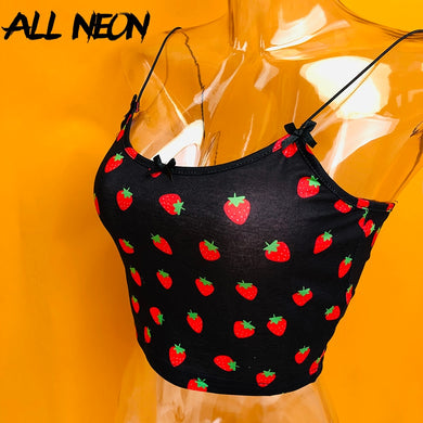 ALLNEON Women Spaghetti Strap Strawberry Print Crop Top