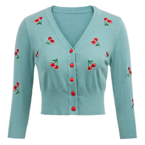 Women Vintage Cherries Embroidery V-Neck Cropped Sweater