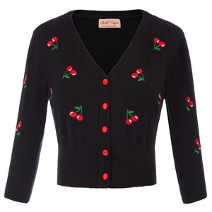 Women Vintage Cherries Embroidery V-Neck Cropped Sweater