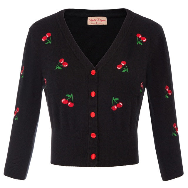 Women Vintage Cherries Embroidery V-Neck Cropped Sweater