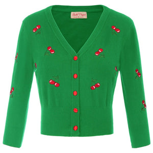 Women Vintage Cherries Embroidery V-Neck Cropped Sweater