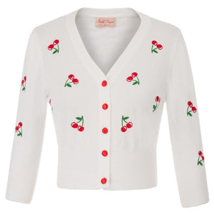 Women Vintage Cherries Embroidery V-Neck Cropped Sweater