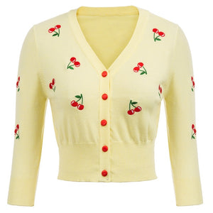 Women Vintage Cherries Embroidery V-Neck Cropped Sweater
