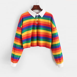 QRWR Women Long Sleeve Rainbow Button Striped Crop Top