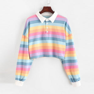 QRWR Women Long Sleeve Rainbow Button Striped Crop Top