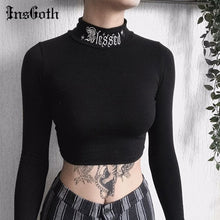 Load image into Gallery viewer, INSGOTH Women Black Long Sleeve Crop Top