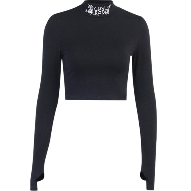 INSGOTH Women Black Long Sleeve Crop Top