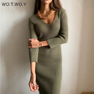 WOTWOY Women V-Neck Wrapped Knitted Dress