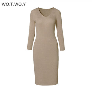 WOTWOY Women V-Neck Wrapped Knitted Dress