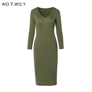 WOTWOY Women V-Neck Wrapped Knitted Dress
