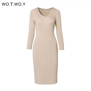 WOTWOY Women V-Neck Wrapped Knitted Dress