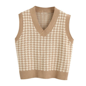 KPYTOMOA Women Houndstooth Loose Knitted Vest
