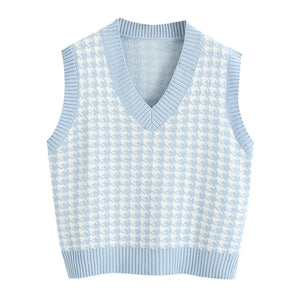 KPYTOMOA Women Houndstooth Loose Knitted Vest
