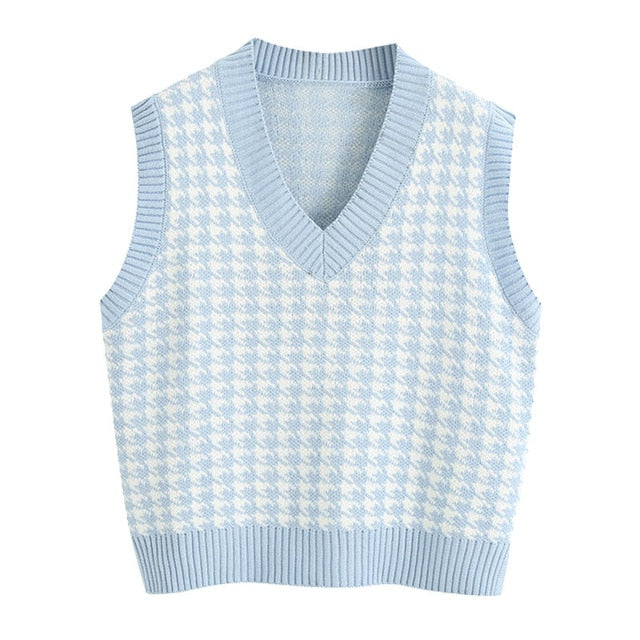 KPYTOMOA Women Houndstooth Loose Knitted Vest